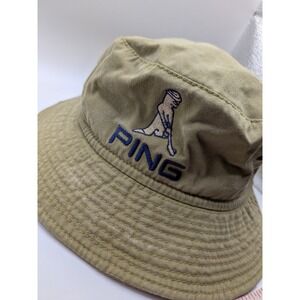 Vtg Ping Golf Bucket Hat Mens Khaki Tan Cotton Embroidered Mascot Logo Sun Hat